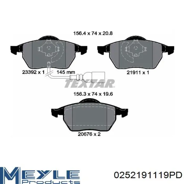 Передние тормозные колодки 0252191119PD Meyle