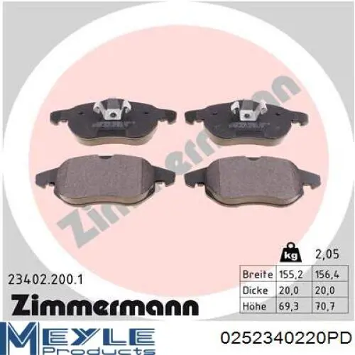 Передние тормозные колодки 0252340220PD Meyle