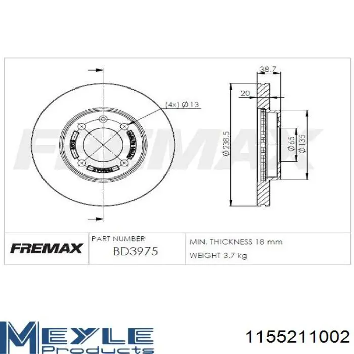 Тормоз дисковый передний Meyle 1155211002 цена, от 20.76 USD