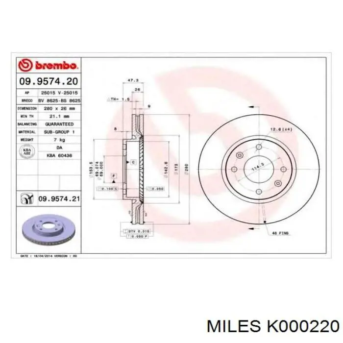 Передние тормозные диски K000220 Miles