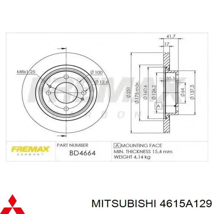 Тормоз дисковый передний Mitsubishi 4615A129 цена, от 38.01 USD