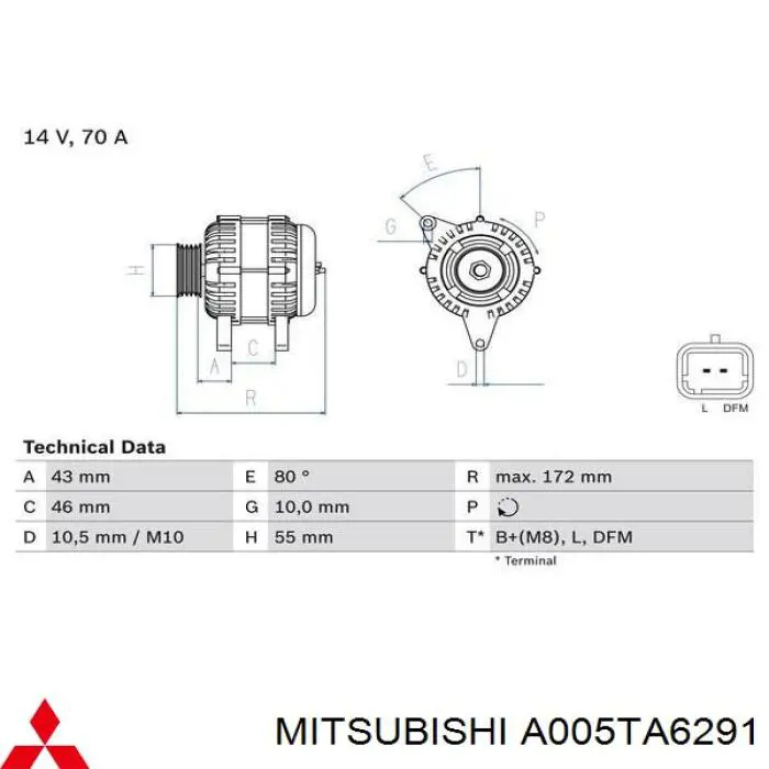 Автомобильный генератор Mitsubishi A005TA6291 цена, от 74.77 USD