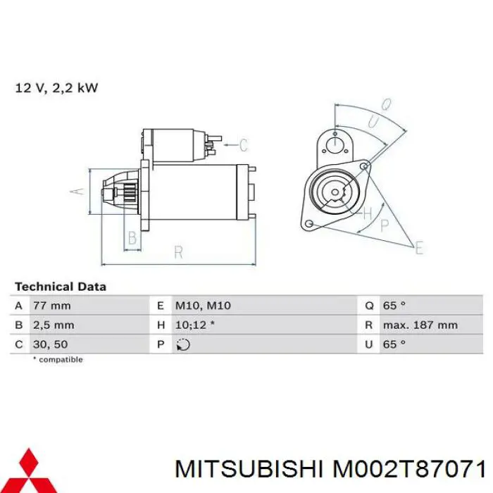 Стартер Mitsubishi M002T87071 цена, от 123.34 USD