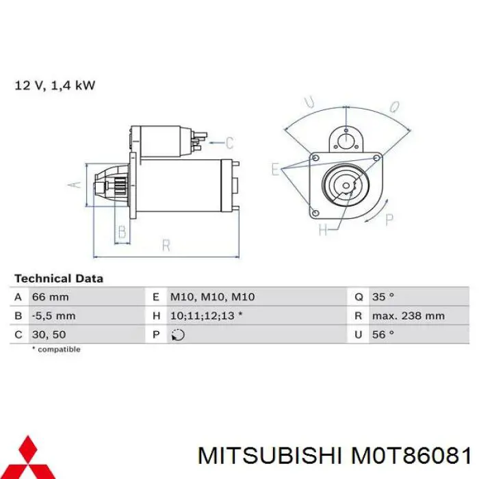 Стартер Mitsubishi M0T86081 цена, от 107.65 USD