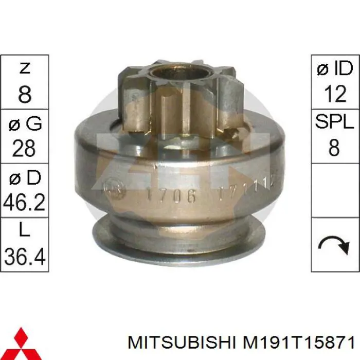 Бендикс стартера M191T15871 Mitsubishi