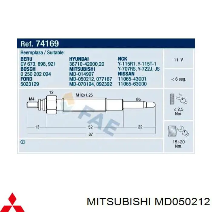 Свеча накала Mitsubishi MD050212