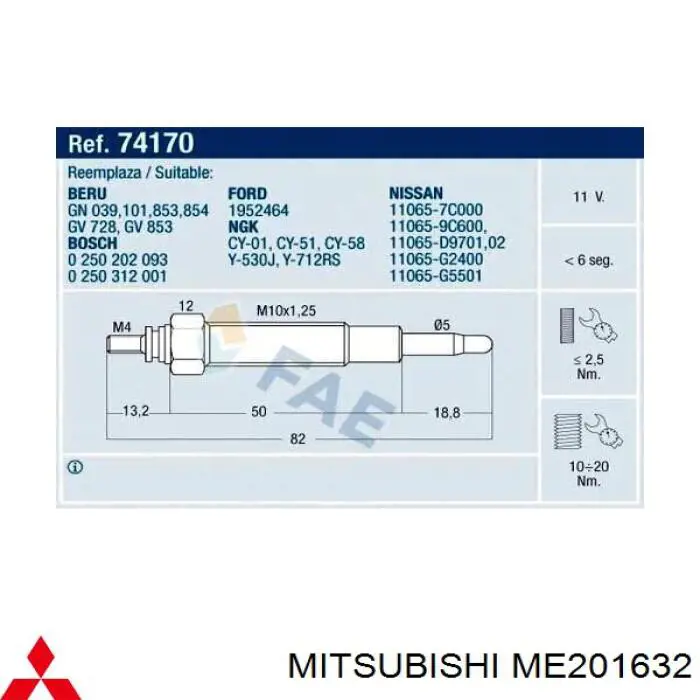 Купить ME201632 Mitsubishi Свечи накала