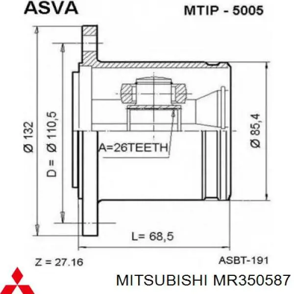 ШРУС внутренний передний правый Mitsubishi MR350587