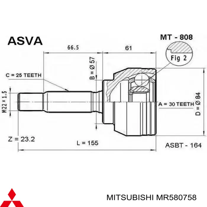 Полуось (привод) передняя правая Mitsubishi MR580758
