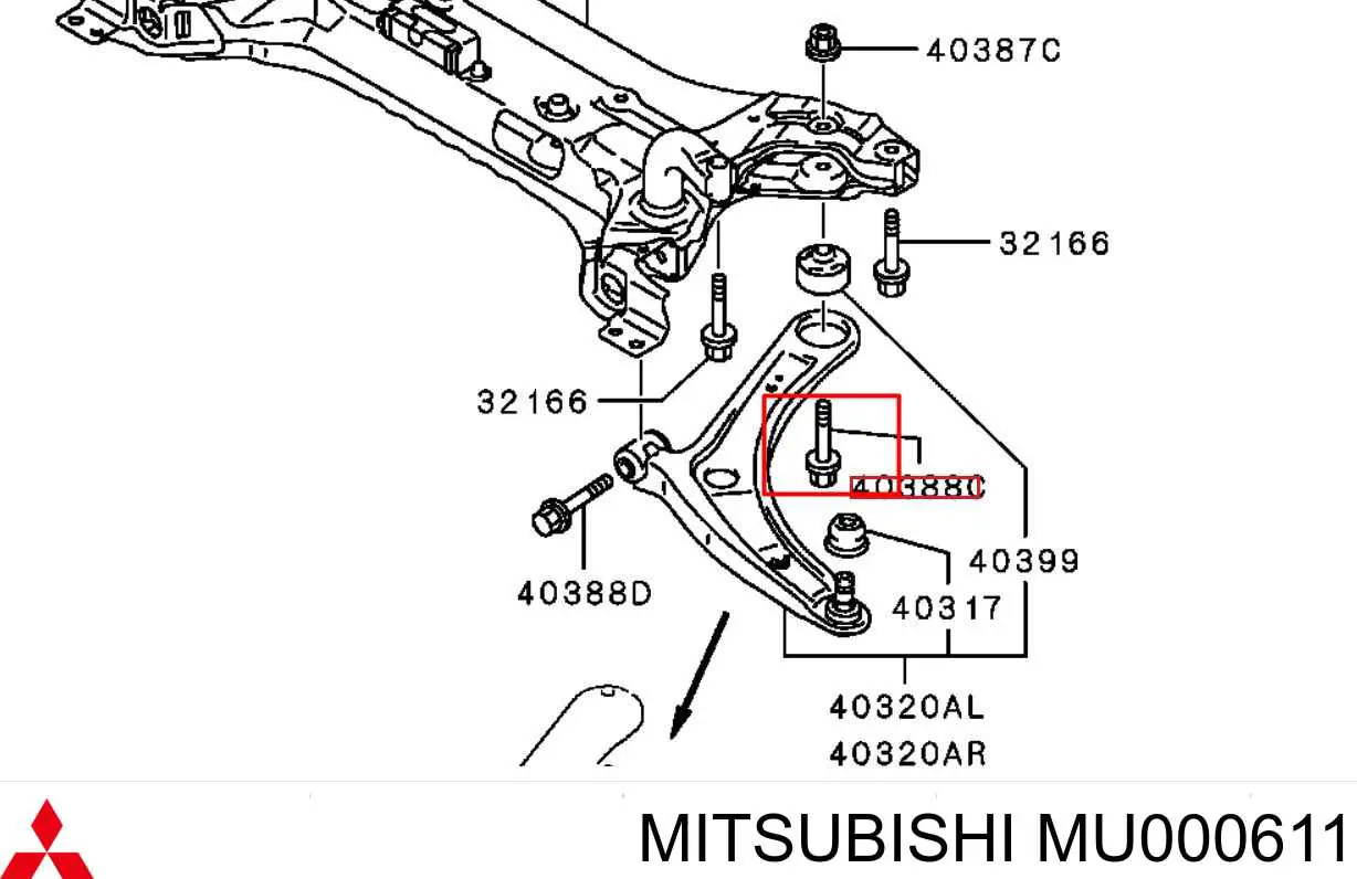 MU000611 Mitsubishi parafuso de fixação de braço oscilante dianteiro, inferior