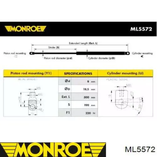 Amortecedor de tampa de porta-malas (de 3ª/5ª porta traseira) Monroe ML5572 preço, a partir de 68,02 USD