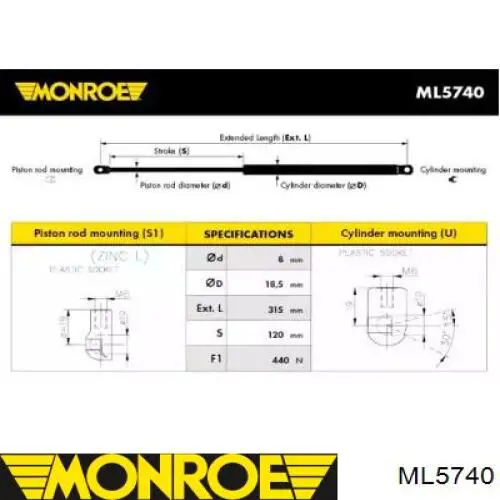 Амортизатор капота газовый Monroe ML5740 цена, от 9.19 USD