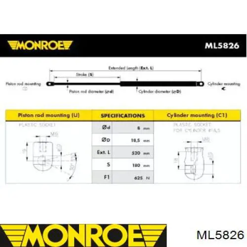 Амортизатор задней двери Monroe ML5826 цена, от 14.92 USD