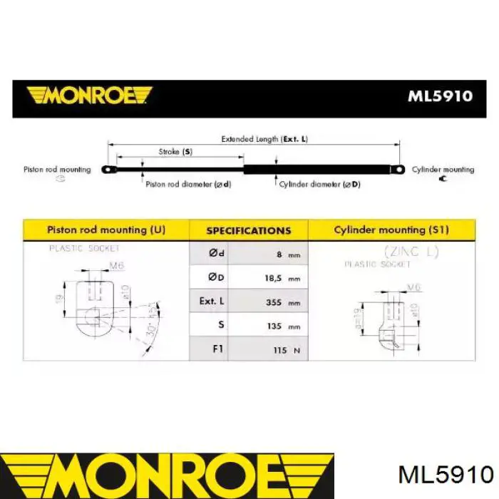 ML5910 Monroe amortecedor de vidro de porta-malas (de 3ª/5ª porta traseira (de tampa de alcapão)