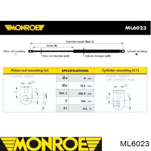 ML6023 Monroe amortecedor de tampa de porta-malas (de 3ª/5ª porta traseira)