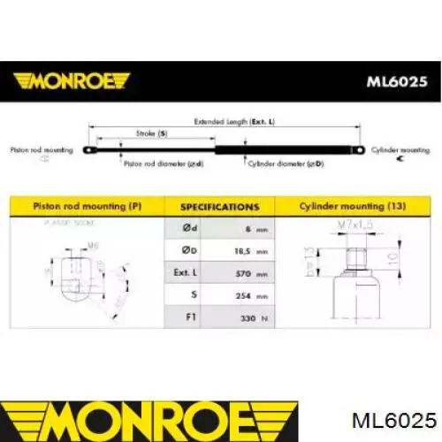 ML6025 Monroe амортизатор капота правый
