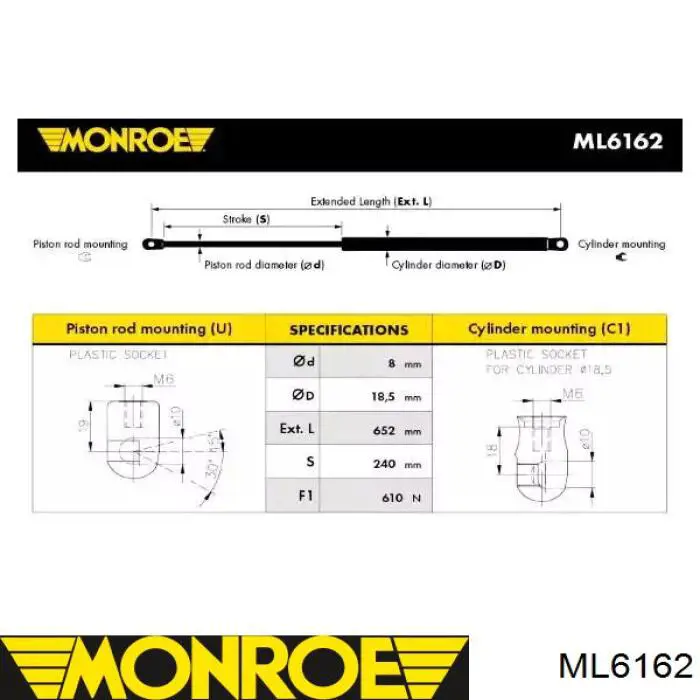 ML6162 Monroe amortecedor de tampa de porta-malas (de 3ª/5ª porta traseira)