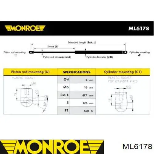 ML6178 Monroe amortecedor de tampa de porta-malas (de 3ª/5ª porta traseira)
