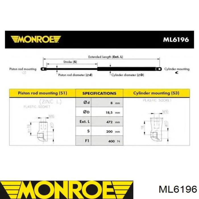 ML6196 Monroe amortecedor de tampa de porta-malas (de 3ª/5ª porta traseira)