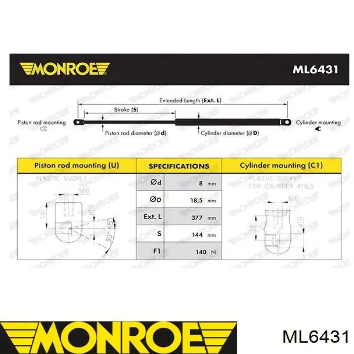 Амортизатор капота газовый Monroe ML6431 цена, от 20.92 USD