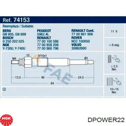 Купить DPOWER22 NGK Свечи накала