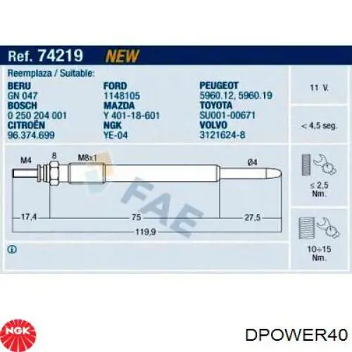 Свечи накала NGK DPOWER40 цена, от 9.20 USD