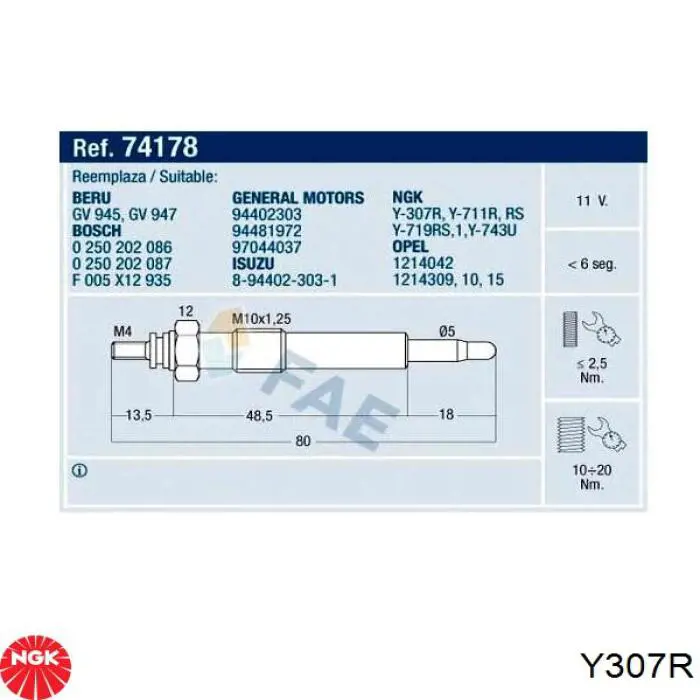 Свечи накала Y307R NGK