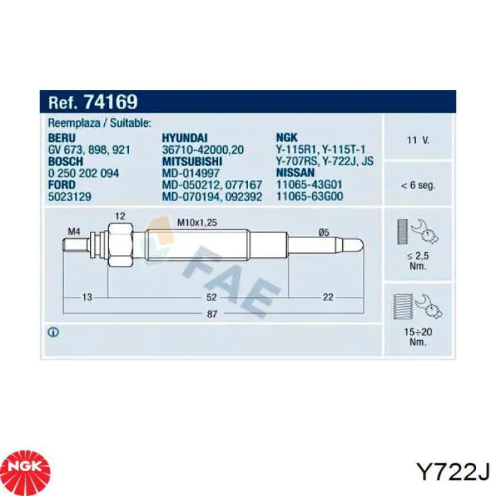 Свечи накала NGK Y722J цена, от 6.33 USD