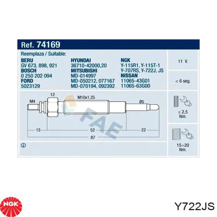 Свечи накала Y722JS NGK