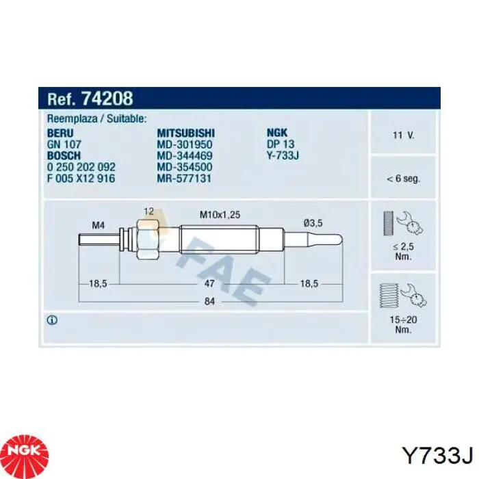 Свечи накала Y733J NGK