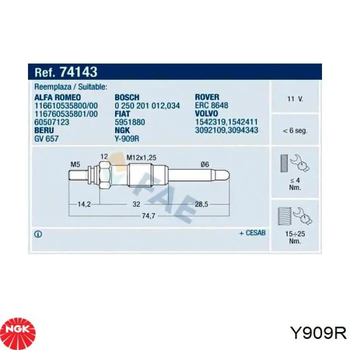 Y909R NGK Свечи накаливания