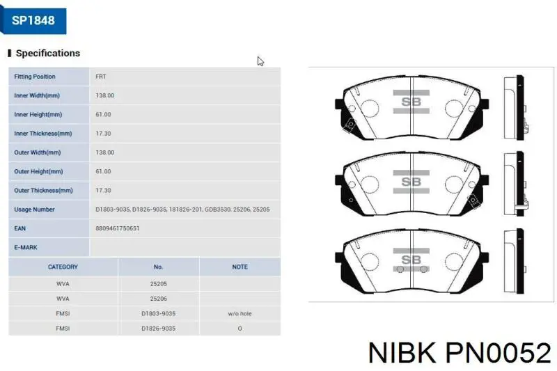 Купить PN0052 Nibk Колодки тормозные