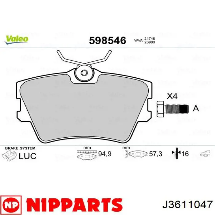 Купить J3611047 Nipparts Колодки тормозные задние, дисковые