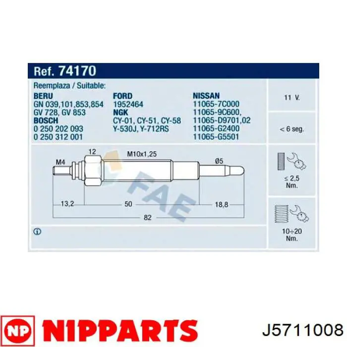 Свечи накала Nissan/Infiniti 1106565N0A цена, от 8.48 USD