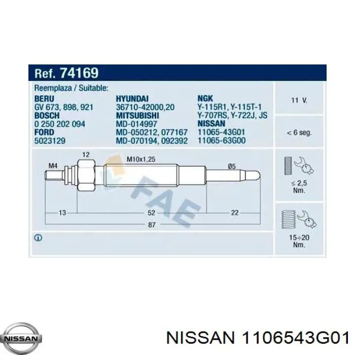 Свечи накала 1106543G01 Nissan