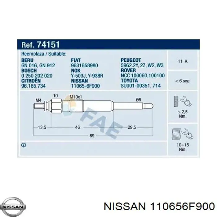 110656F900 Nissan/Infiniti Свечи накаливания