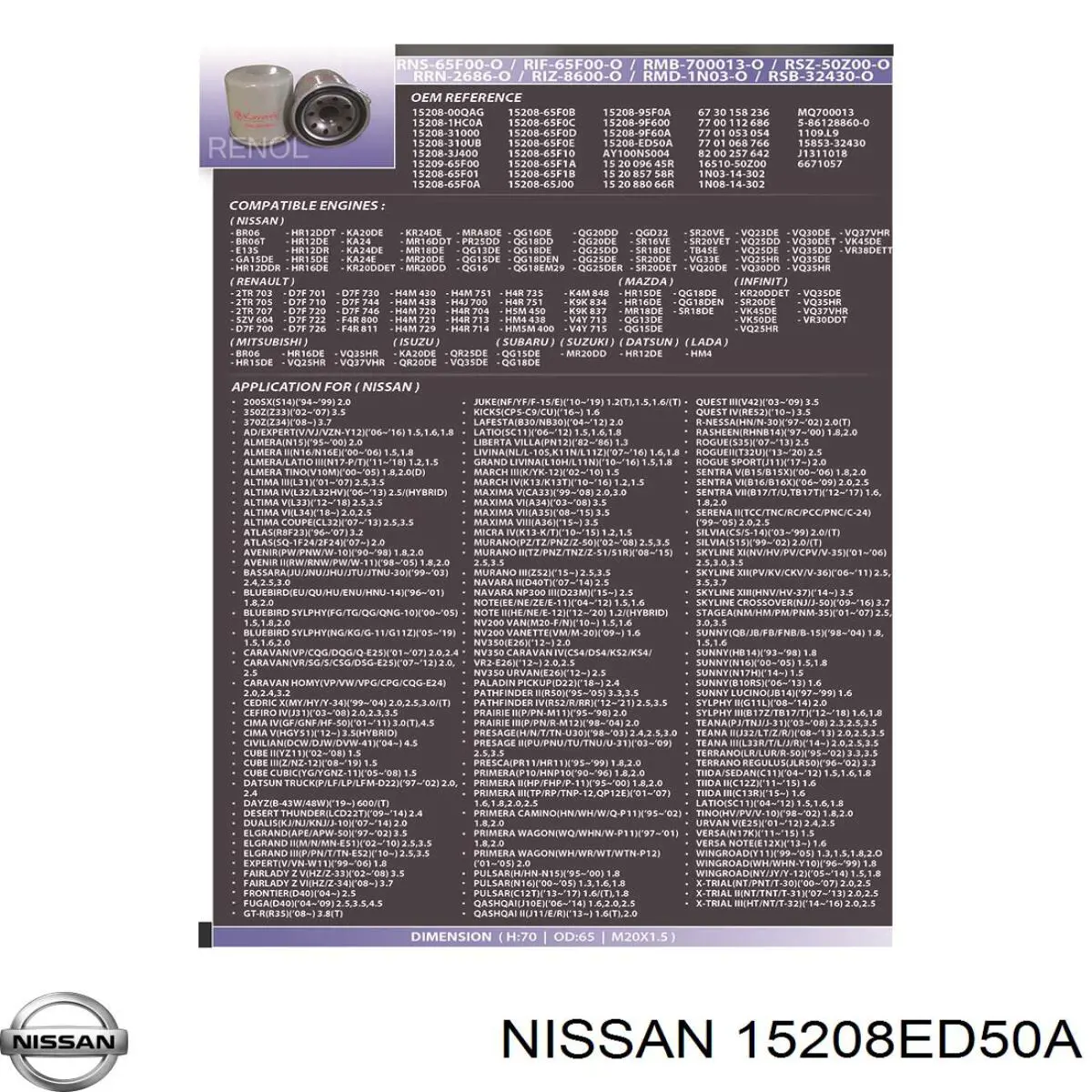 Compre 15208ED50A Nissan/Infiniti Filtro de óleo