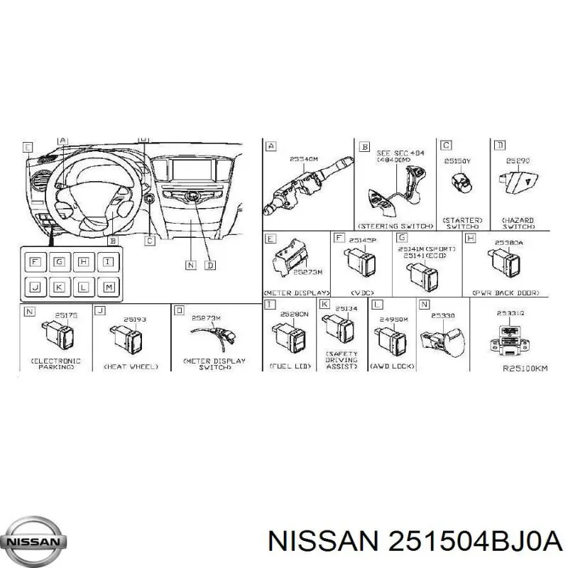 Кнопка старт стоп Nissan/Infiniti 251504BJ0A цена, от 7.06 USD