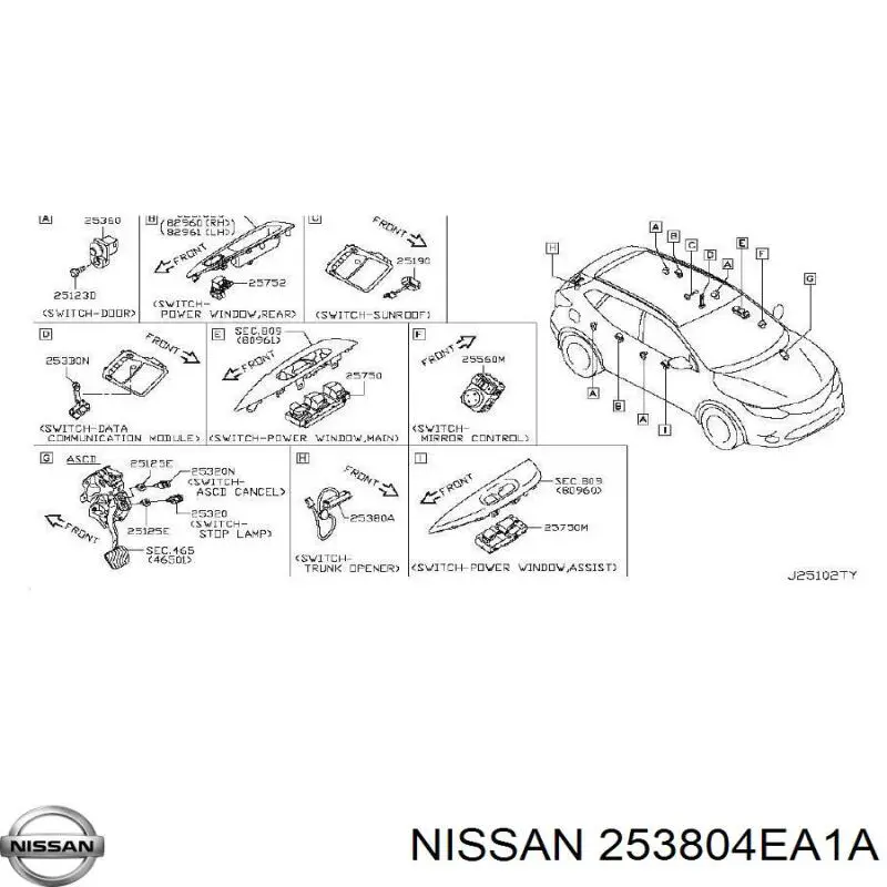 253804EA1A Nissan botão de acionamento do fecho de tampa de porta-malas (de 3ª/5ª porta (de tampa de alcapão)