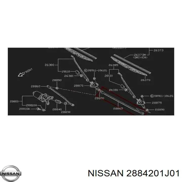 2884201J01 Nissan тяга трапеции стеклоочистителя левая