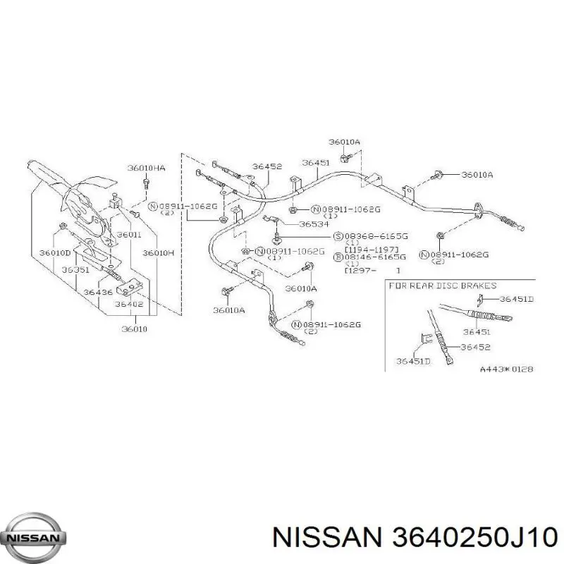 3640250J10 Nissan трос ручного тормоза передний