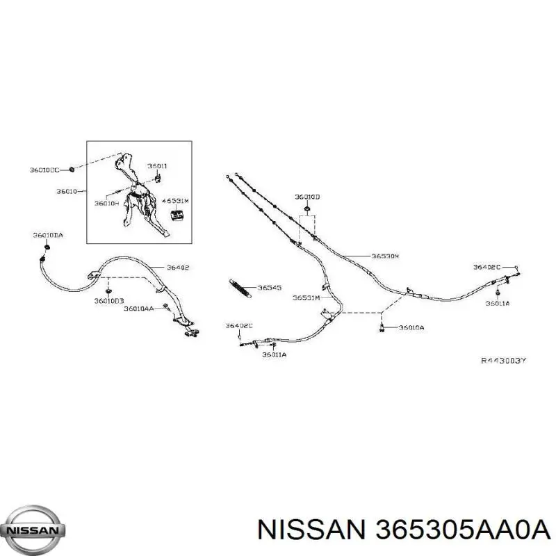 365305AA0A Nissan трос ручного тормоза задний правый