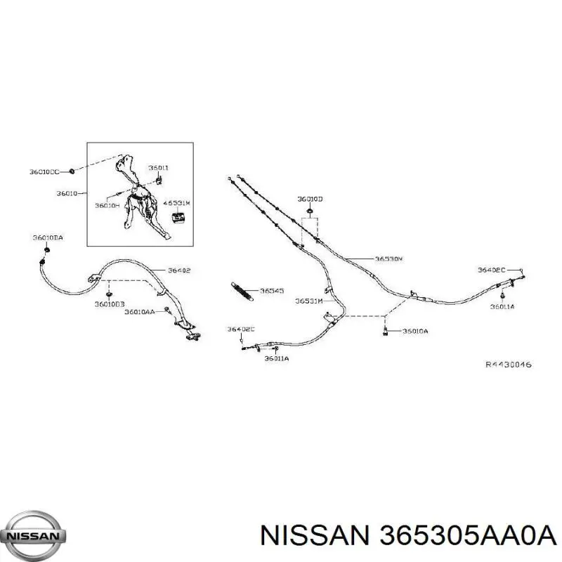 365305AA0A Nissan/Infiniti Трос ручного тормоза задний, правый