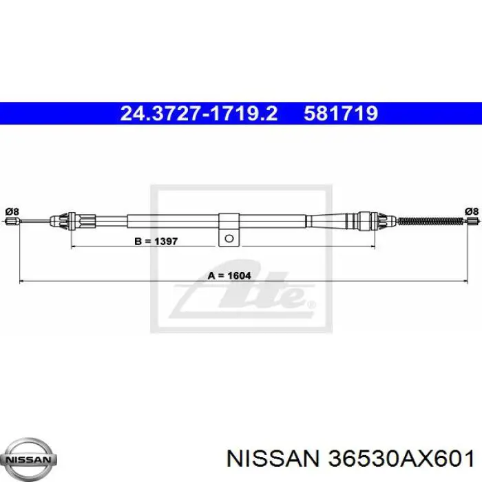 Задний правый трос ручника 36530AX601 Nissan