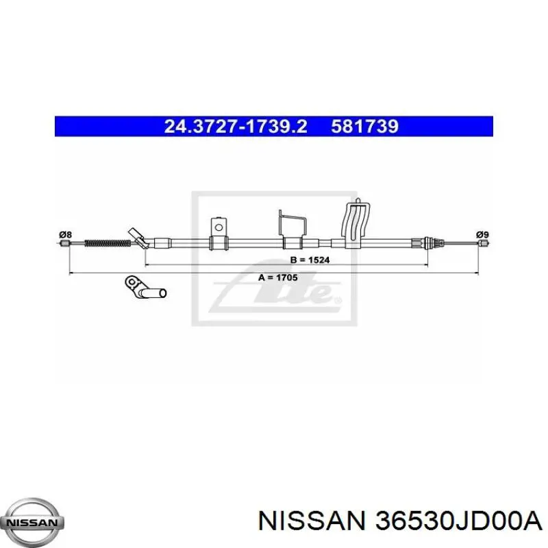 Трос ручного гальма задній, правий 36530JD00A Nissan/Infiniti