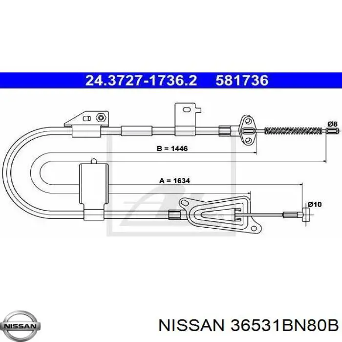 36531BN80B Nissan cabo do freio de estacionamento traseiro esquerdo
