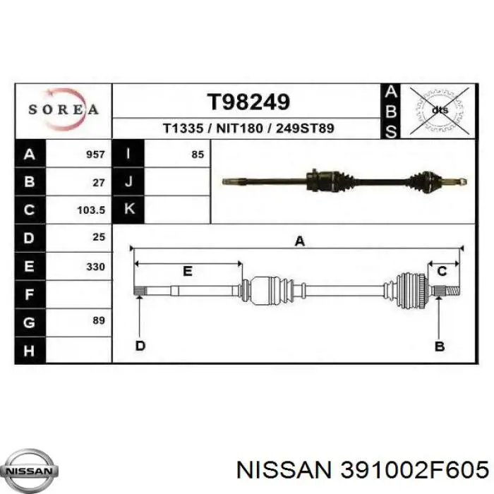 391002F605 Nissan полуось (привод передняя правая)