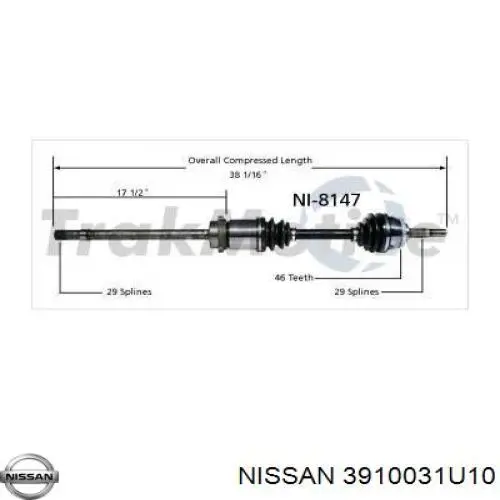 Полуось (привод) передняя правая Nissan 3910031U10