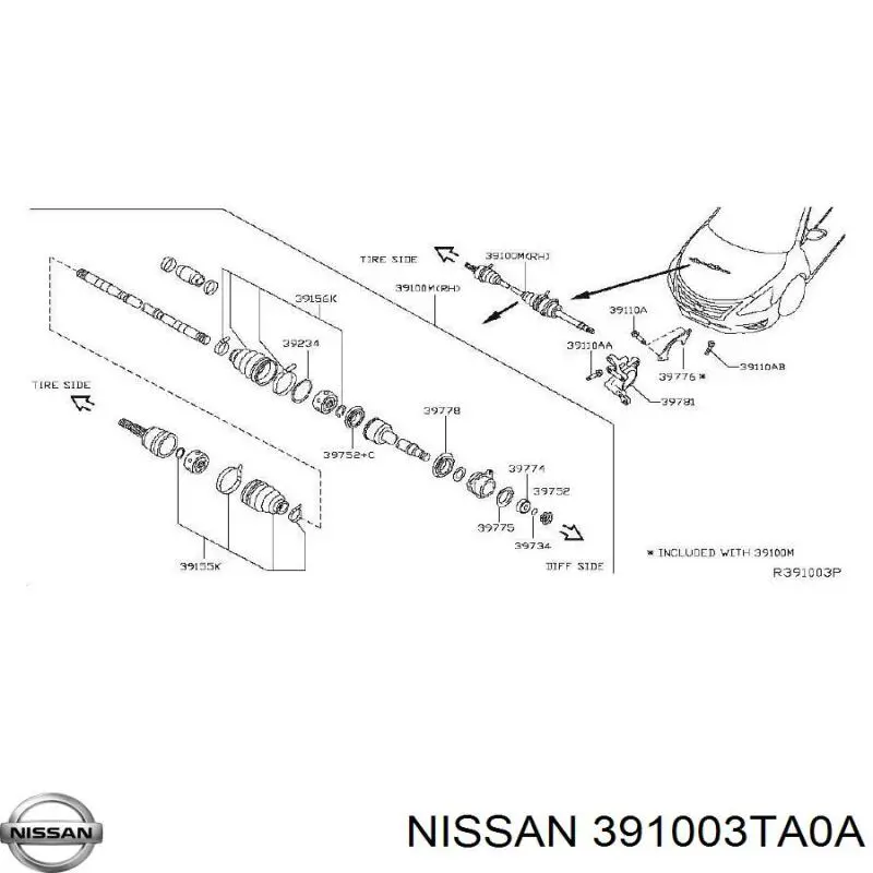 Купить 391003TA0B Nissan/Infiniti Вал приводной правый