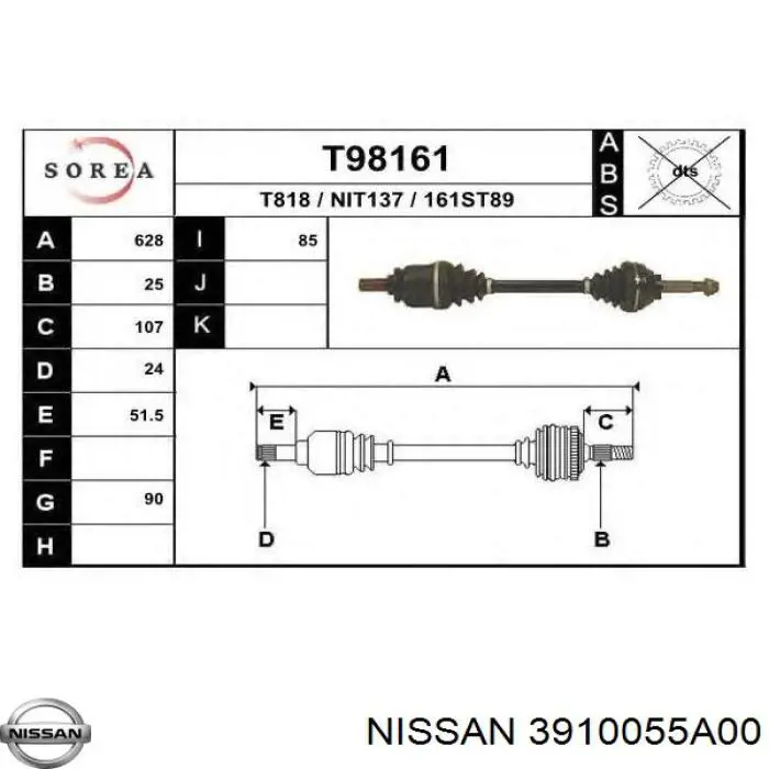 Полуось (привод) передняя правая Nissan 3910055A00